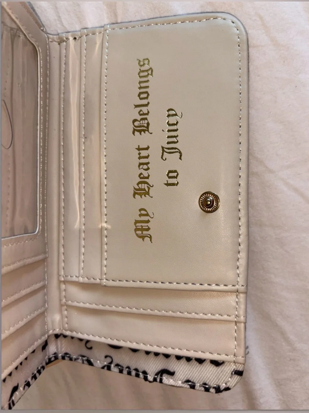 Juicy Couture Black and Beige Logo Zip Wallet with Gold Heart Emblem y2k clutch